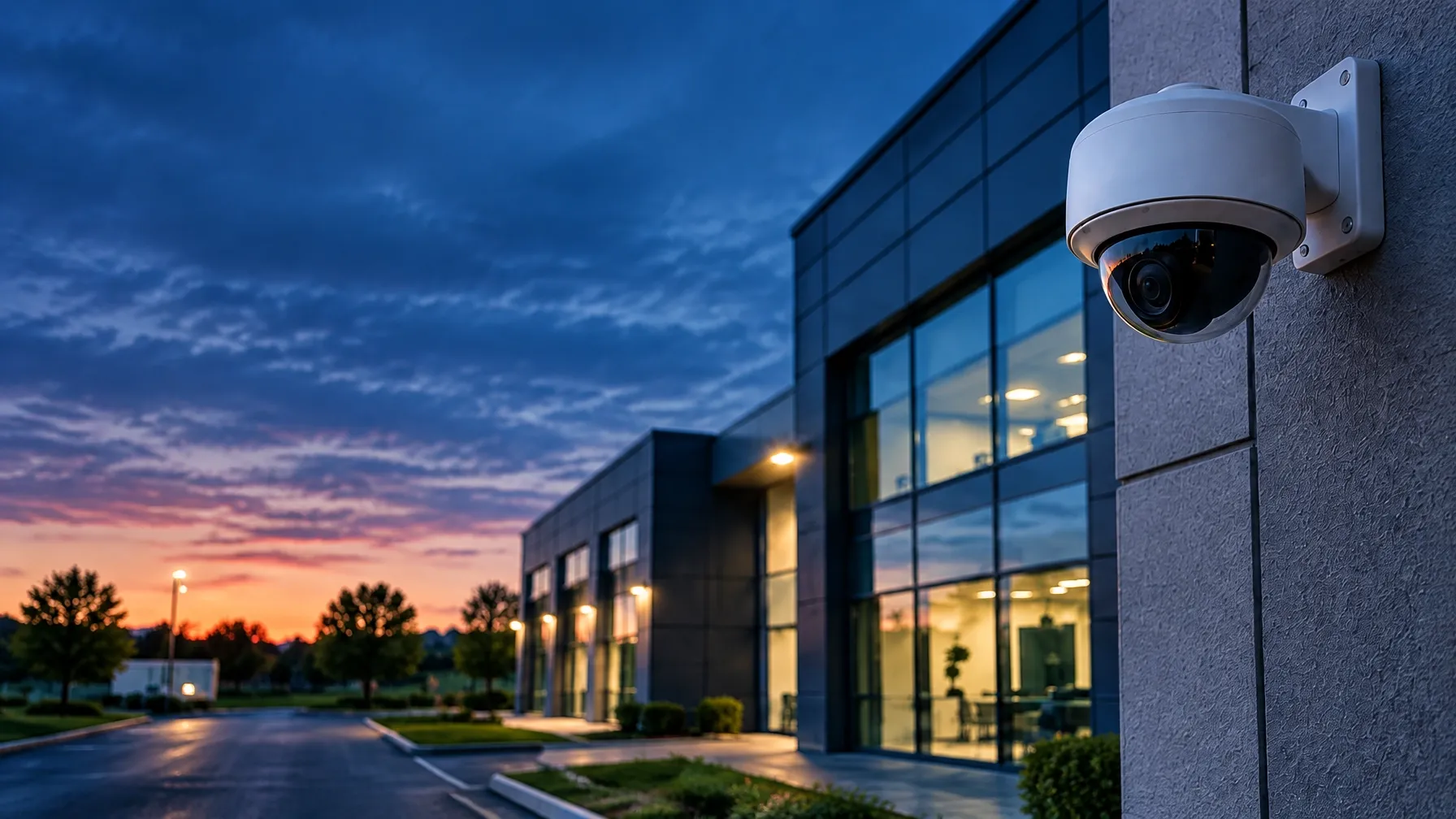 Security camera monitoring a modern commercial property at dusk