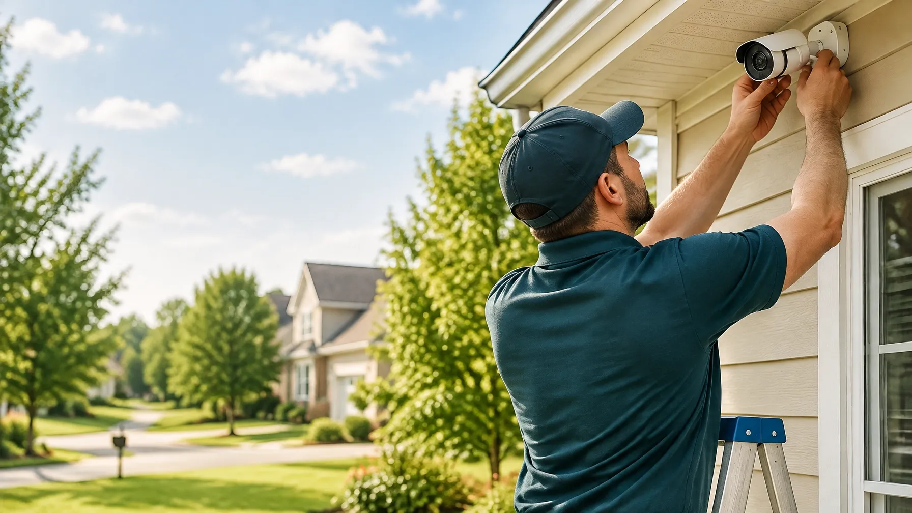 Technician installing an outdoor camera at a home